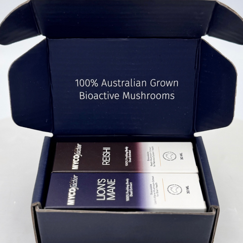 MYCOfactor lion's mane and reishi mushroom extracts as the Essential Daily Duo presented in a box set