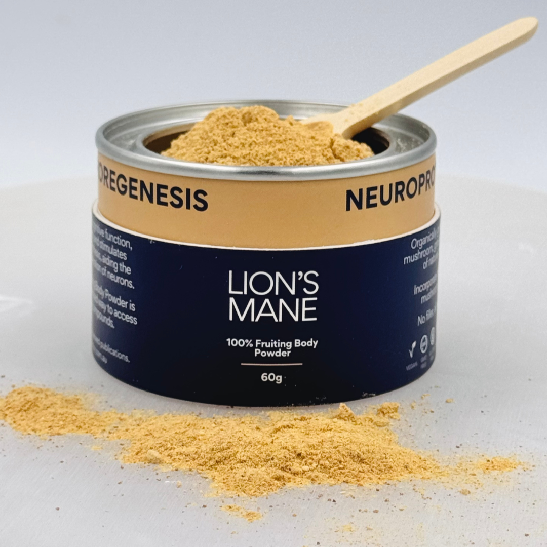 Canister of MYCOfactor Lion's Mane Pure Powder open with  powder spilling out and a wooden spoon