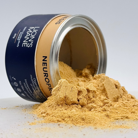 MYCOfactor Lion's Mane Pure Powder opened and spilling to the side