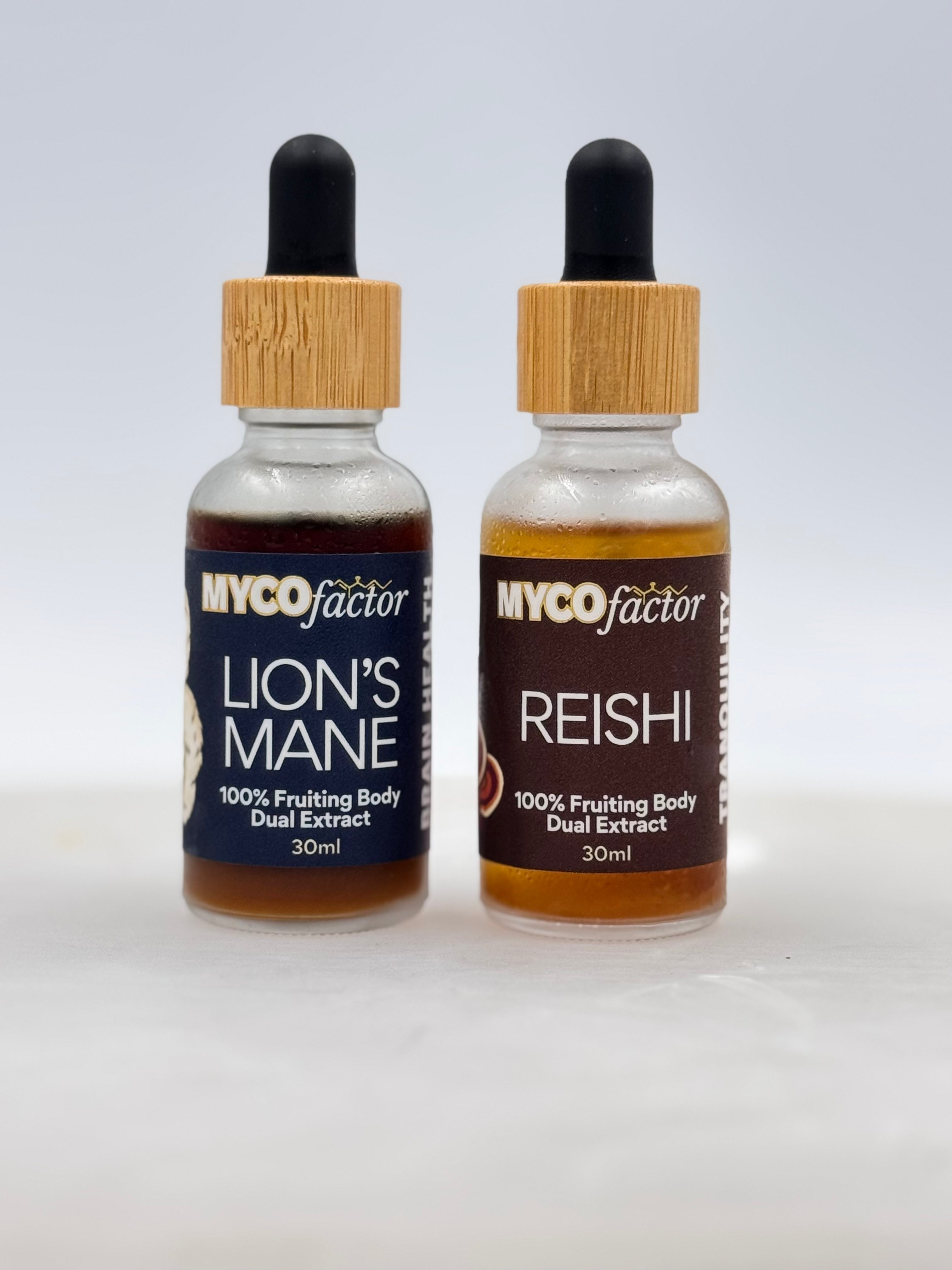 MYCOfactor Lion's Mane and Reishi Dual-Extracts bottles together because they make the perfect day/night combo