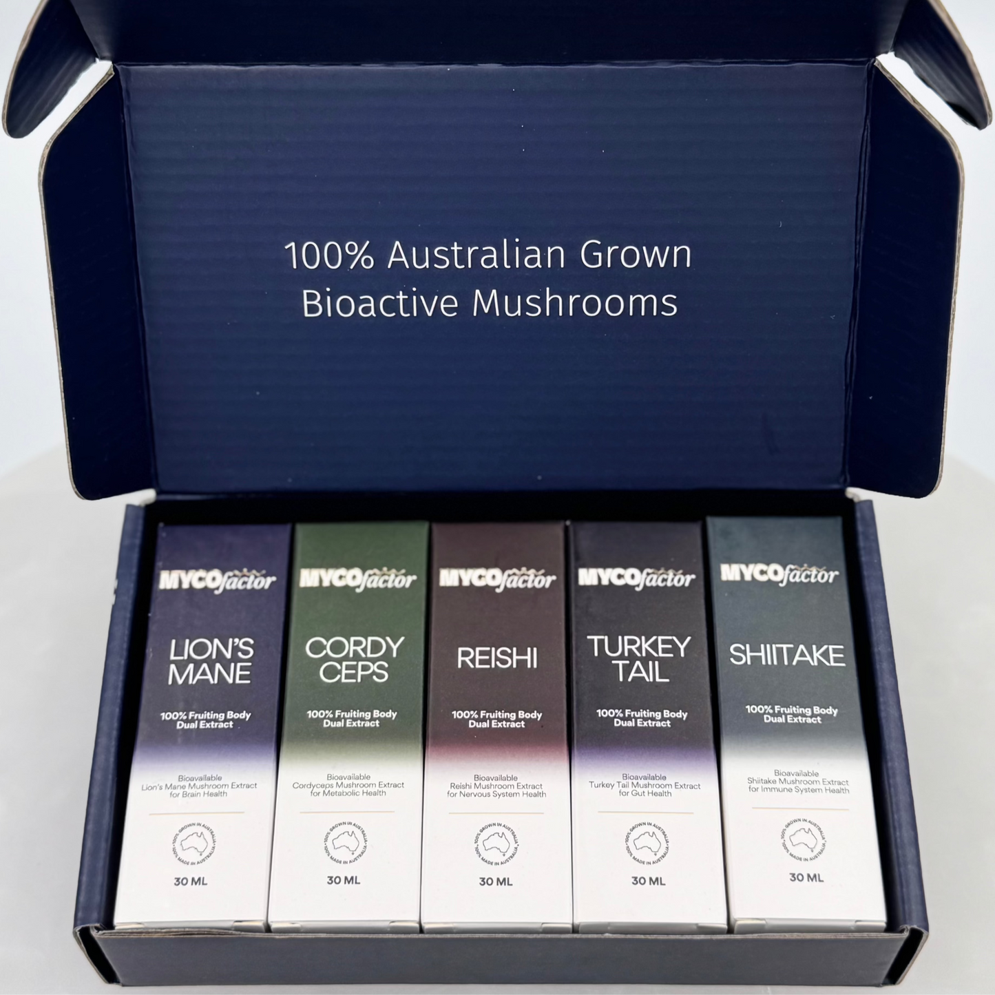 MYCOfactor complete dual-extract pack in a mailer box, with each dual-extract in their own box lined up