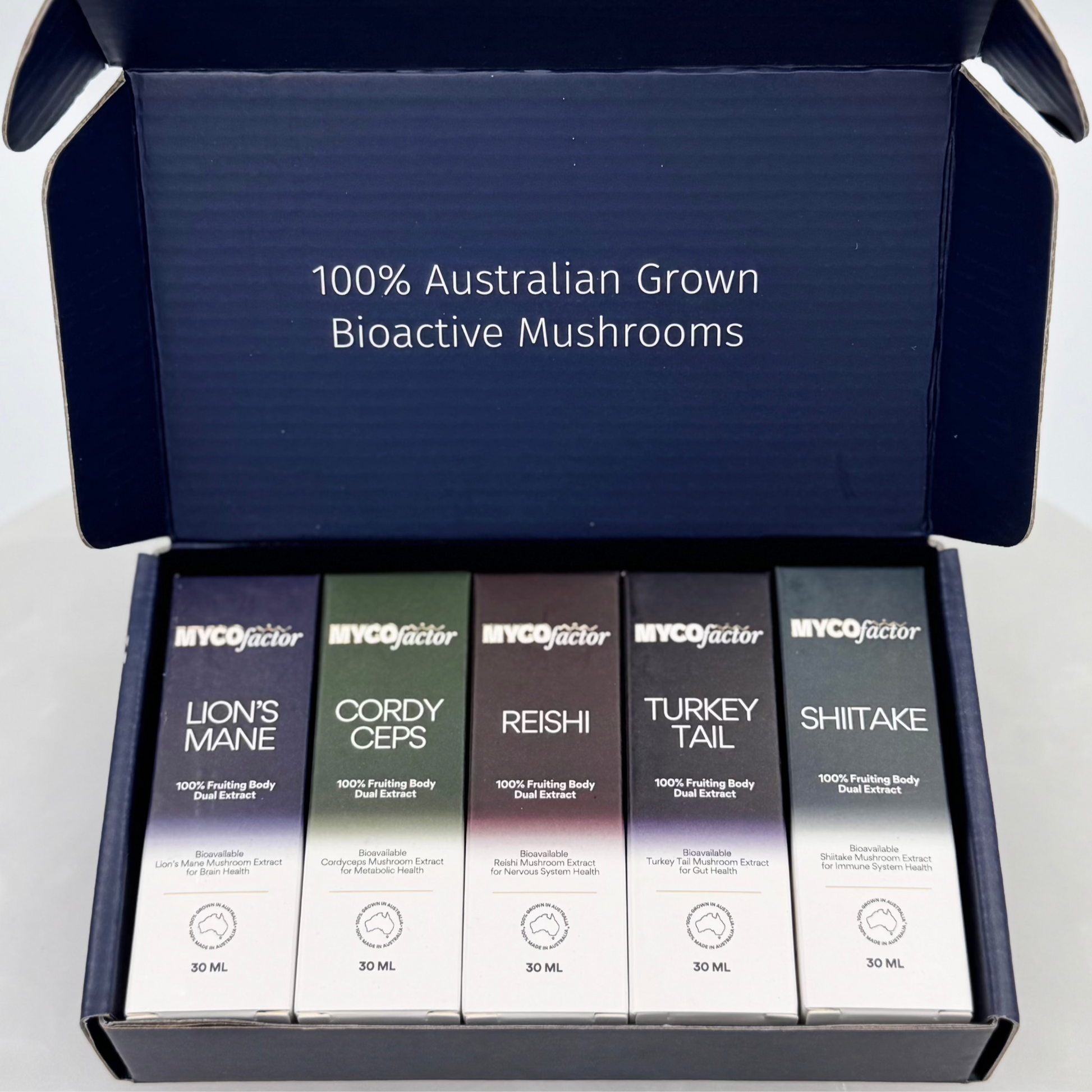 MYCOfactor complete dual-extract pack in a mailer box, with each dual-extract in their own box lined up