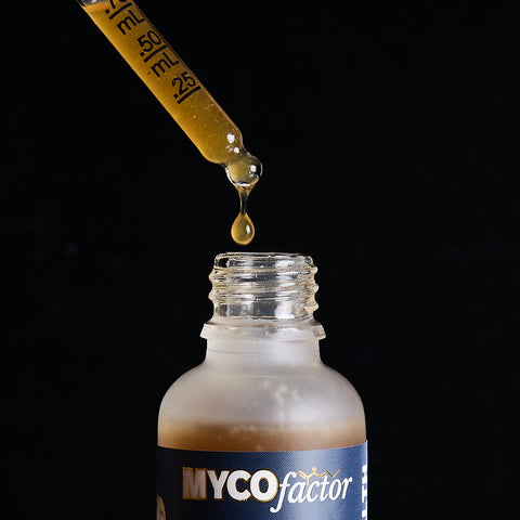 MYCOfactor Lion's Mane dropper bottle with liquid being dispensed against a black background
